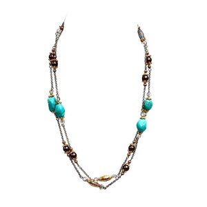 Brighton Faux Blue Turquoise Gold Silver Plated 38 - 40 Inch Strand Necklace